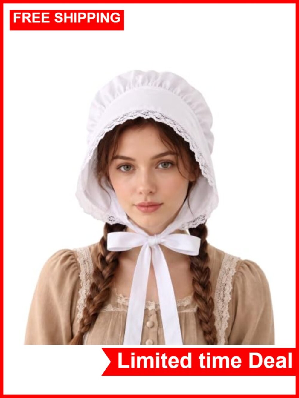 White Lace Colonial Maid Bonnet with Straps Halloween Cosplay Hat